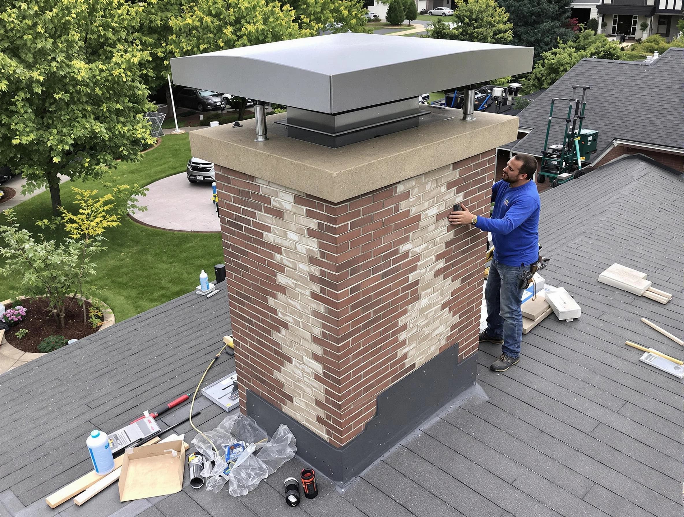 Bountiful Chimney Sweep team working on a custom chimney remodel in Bountiful, UT